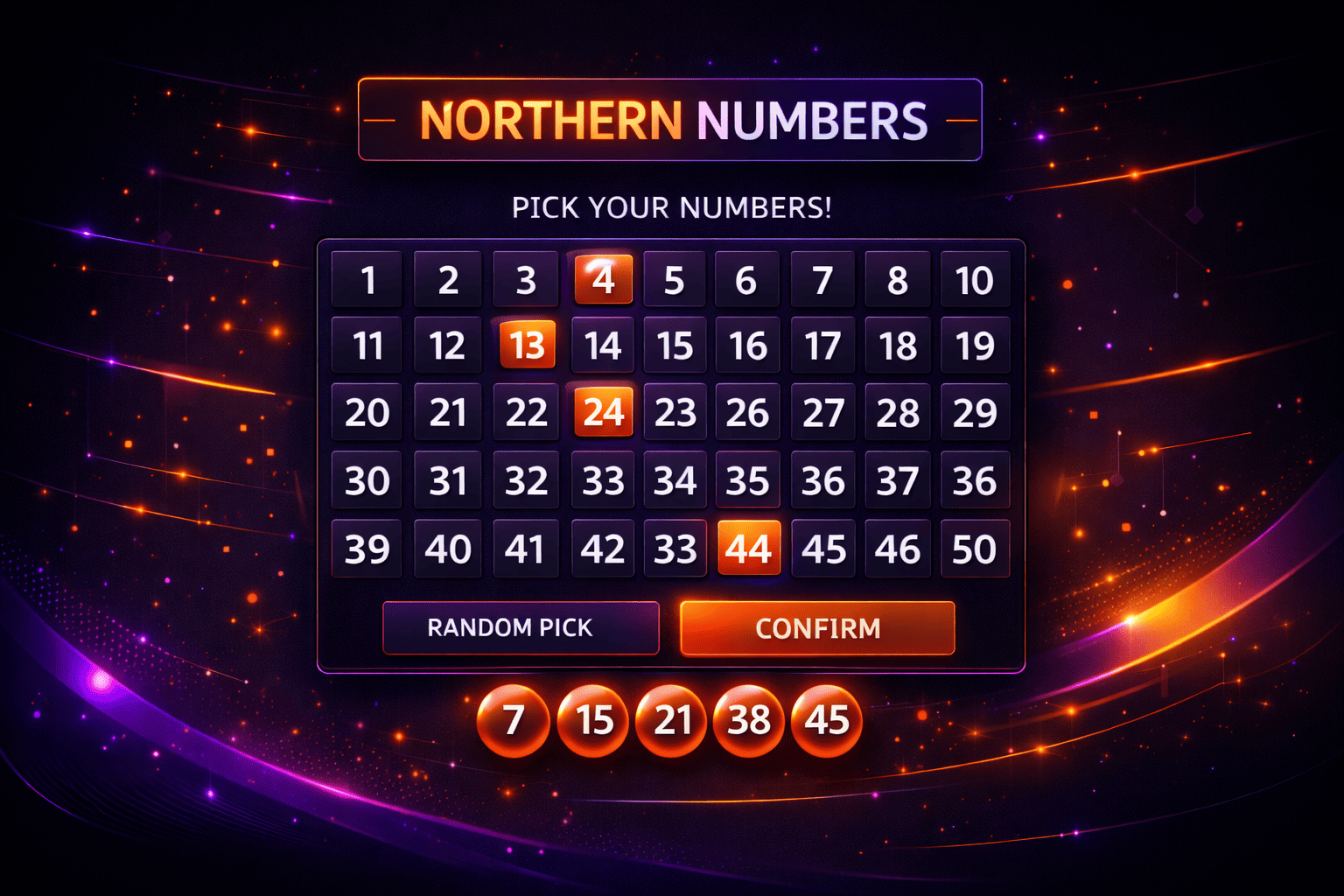 Northern Numbers game showing number selection grid from 1 to 50 for educational lottery format