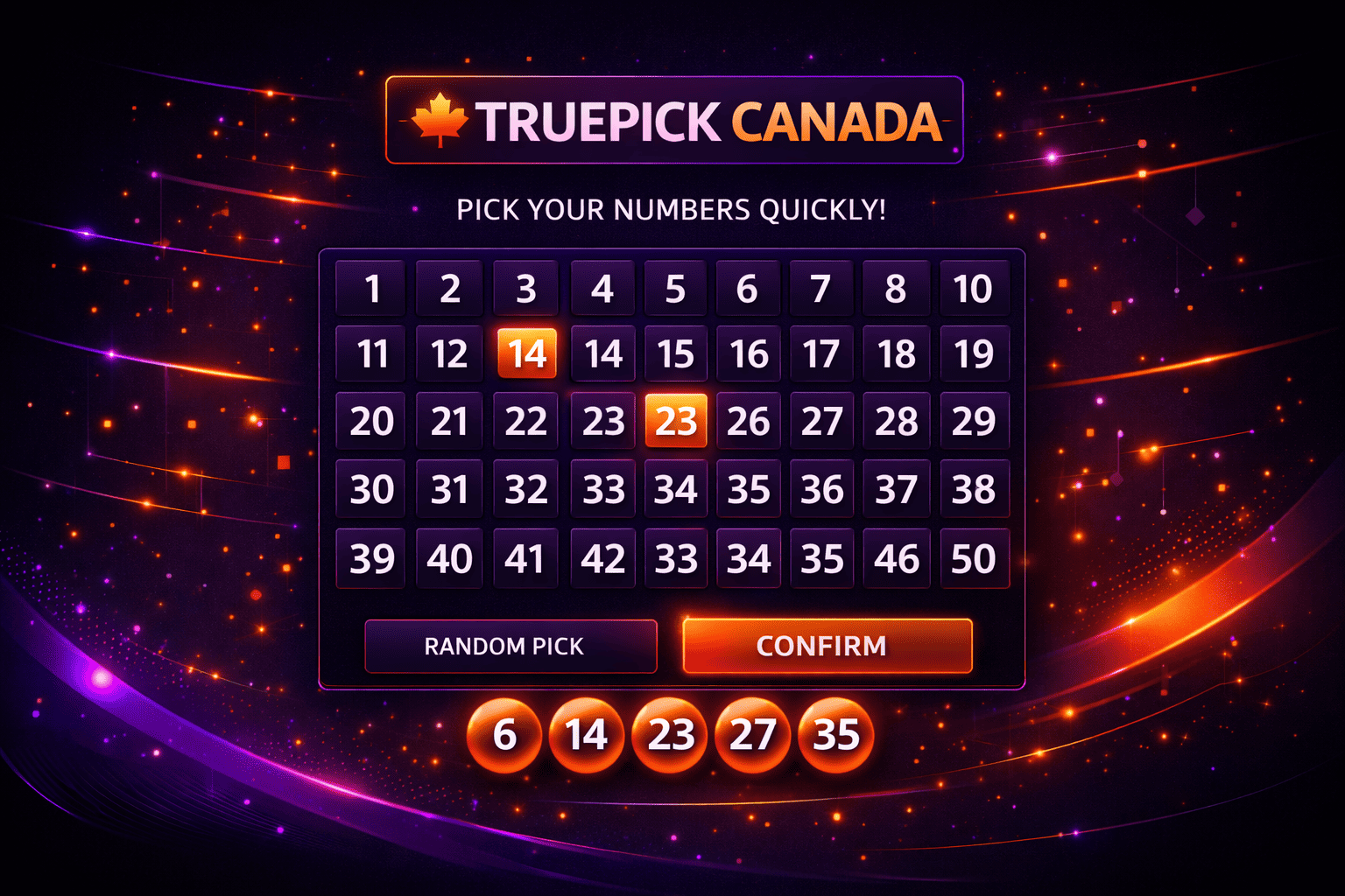TruePick Canada rapid cycle format demonstrating quick number mechanics from 1 to 35